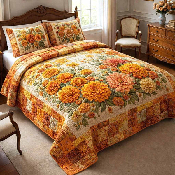 Cottage Bloom quilted 3-piece bedding set on a made bed in a farmhouse bedroom