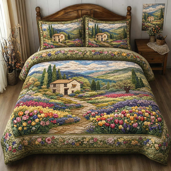 Cottage Bloom quilted 3-piece bedding set on a made bed in a farmhouse bedroom
