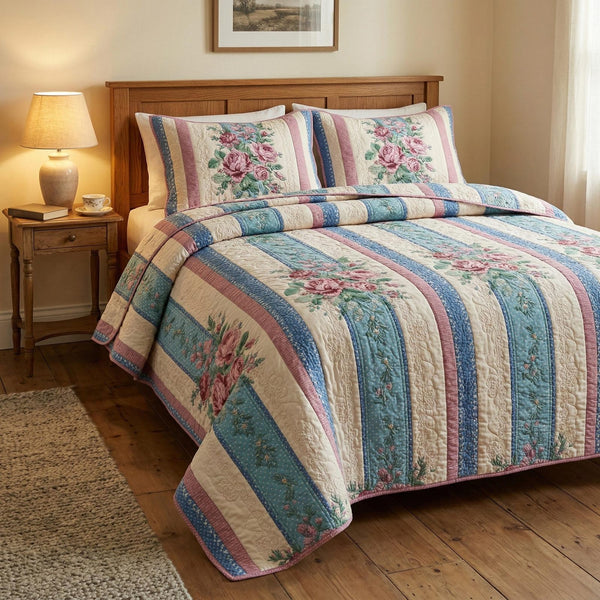 Cottage Bloom quilted 3-piece bedding set on a made bed in a farmhouse bedroom