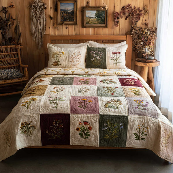 Cottage Botanics quilted 3-piece bedding set on a made bed in a farmhouse bedroom