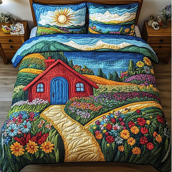 Cottage Charm quilted 3-piece bedding set on a made bed in a farmhouse bedroom