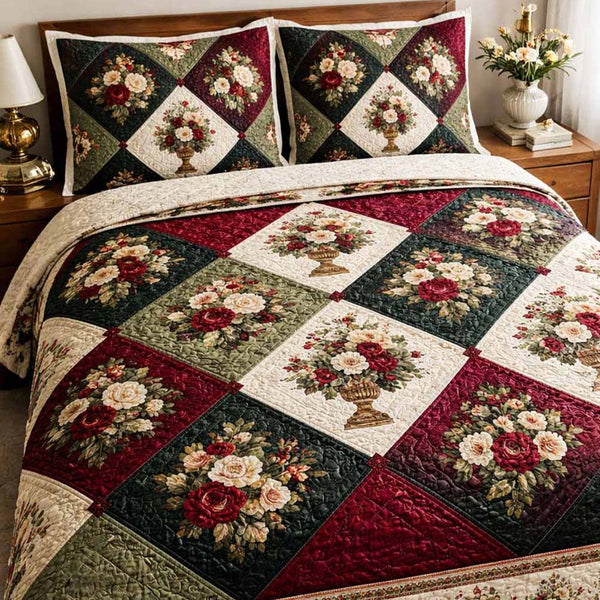 Cottage Charm quilted 3-piece bedding set on a made bed in a farmhouse bedroom