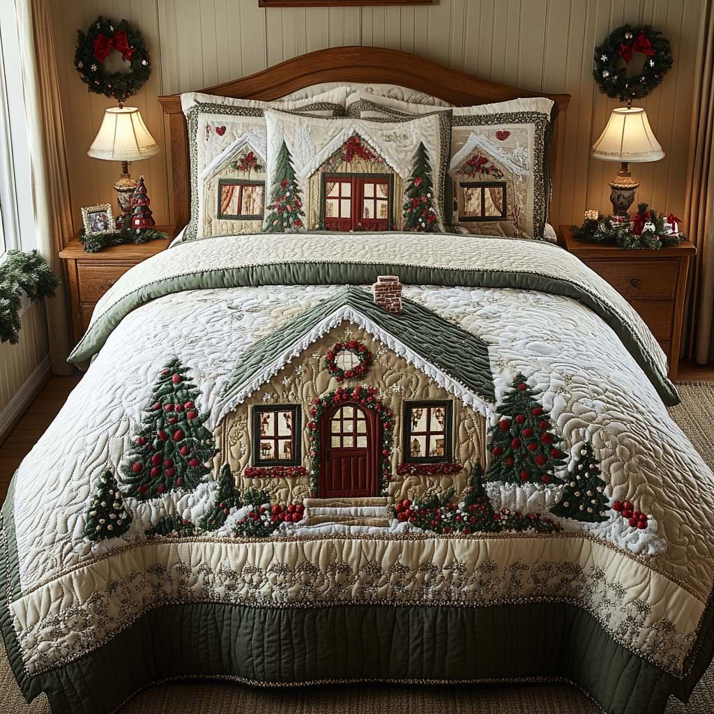 Cottage Christmas quilted 3-piece bedding set on a made bed in a winter-styled bedroom