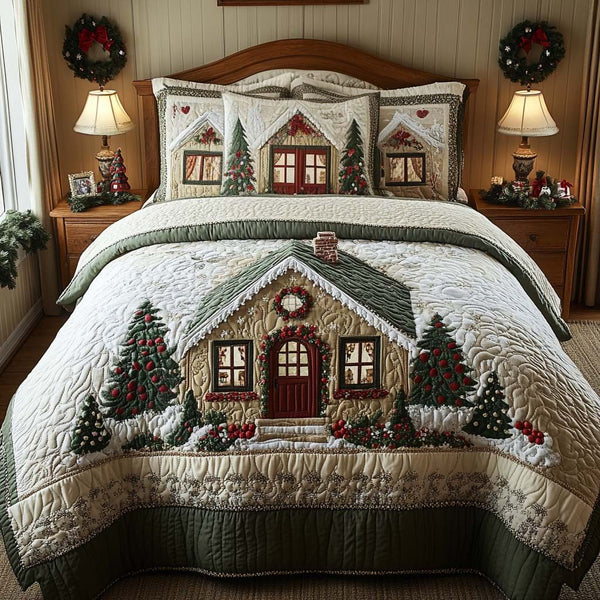 Cottage Christmas quilted 3-piece bedding set on a made bed in a winter-styled bedroom