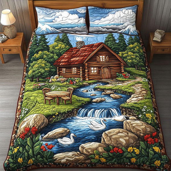 Cottage Creek quilted 3-piece bedding set on a made bed in a farmhouse bedroom