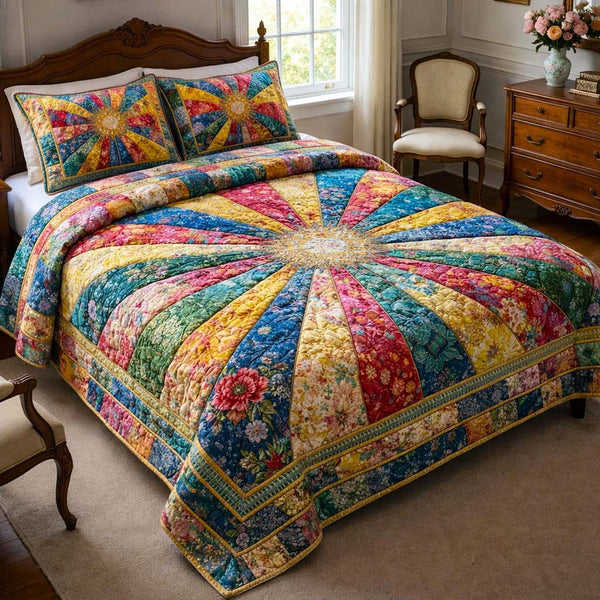 Cottage Floral quilted 3-piece bedding set on a made bed in a farmhouse bedroom