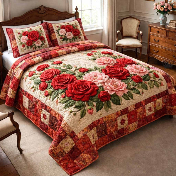 Cottage Floral quilted 3-piece bedding set on a made bed in a farmhouse bedroom
