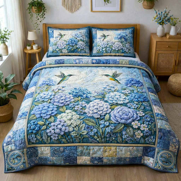 Cottage Floral quilted 3-piece bedding set on a made bed in a farmhouse bedroom