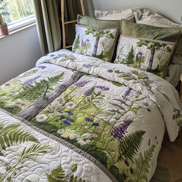 Cottage Foliage quilted 3-piece bedding set on a made bed in a farmhouse bedroom