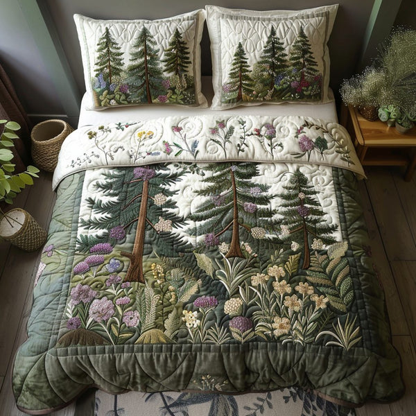 Cottage Forest quilted 3-piece bedding set on a made bed in a farmhouse bedroom
