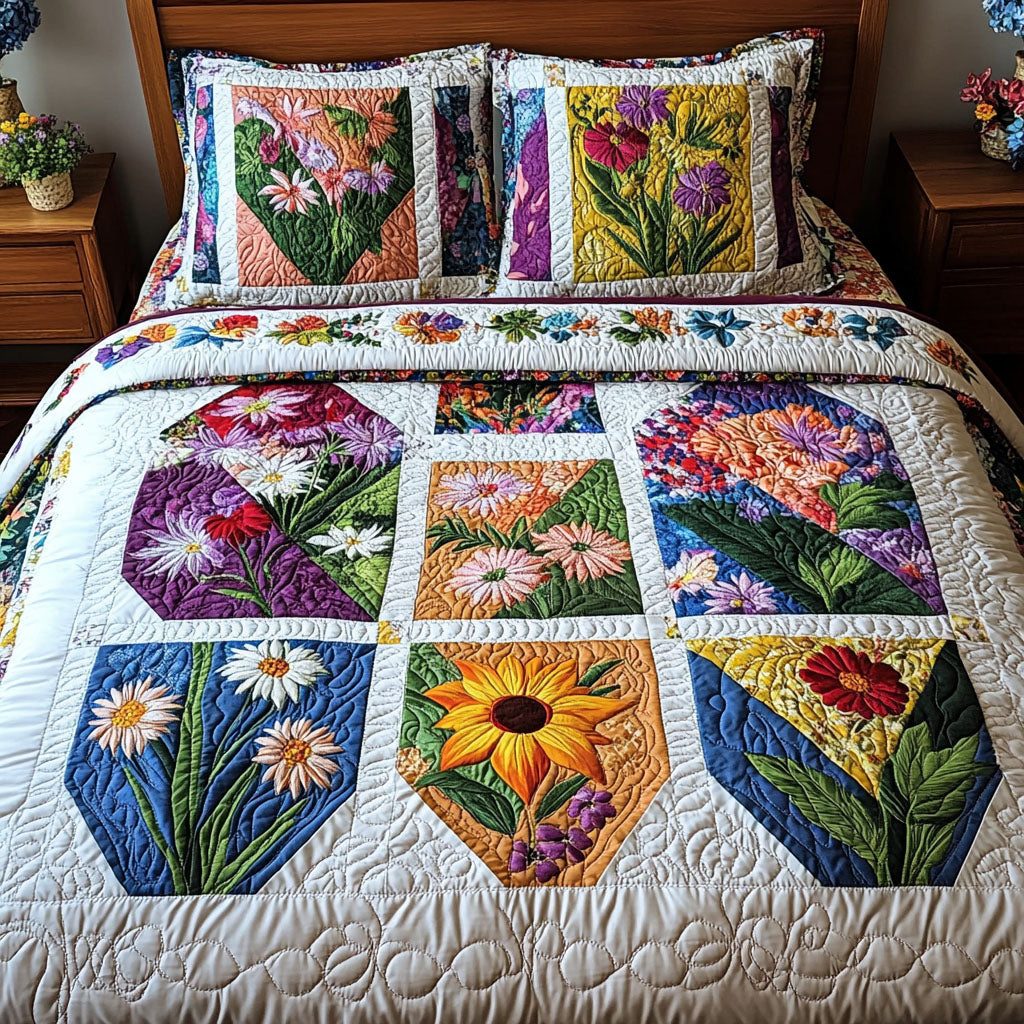 Cottage Garden Charm quilted 3-piece bedding set on a made bed in a farmhouse bedroom