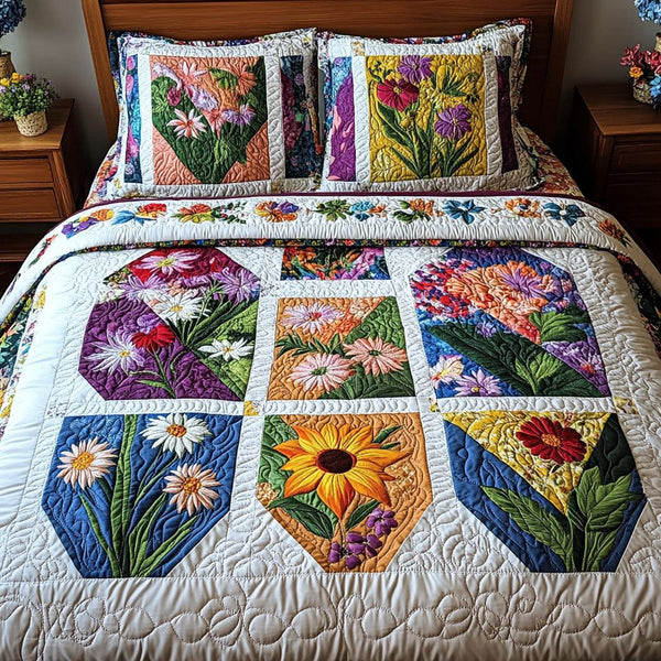 Cottage Garden Charm quilted 3-piece bedding set on a made bed in a farmhouse bedroom