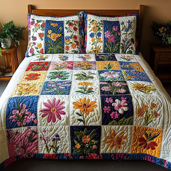 Cottage Garden quilted 3-piece bedding set on a made bed in a farmhouse bedroom