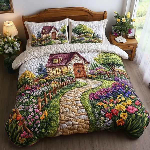 Cottage Garden quilted 3-piece bedding set on a made bed in a farmhouse bedroom