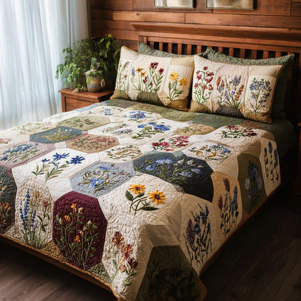Cottage Garden quilted 3-piece bedding set on a made bed in a farmhouse bedroom