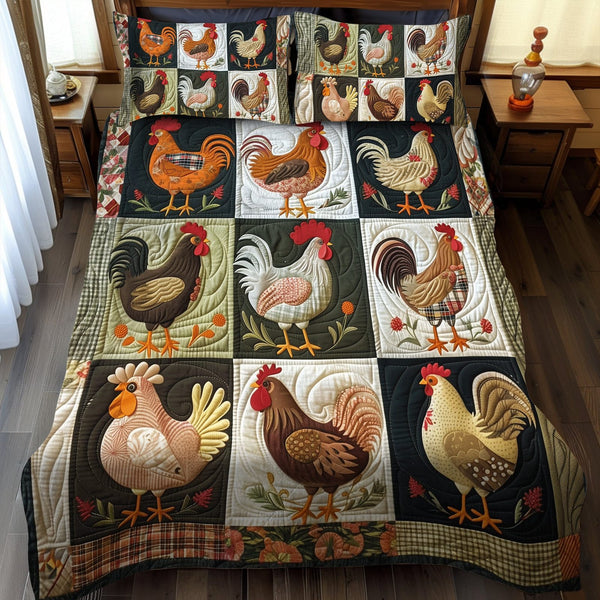 Cottage Hens quilted 3-piece bedding set on a made bed in a farmhouse bedroom