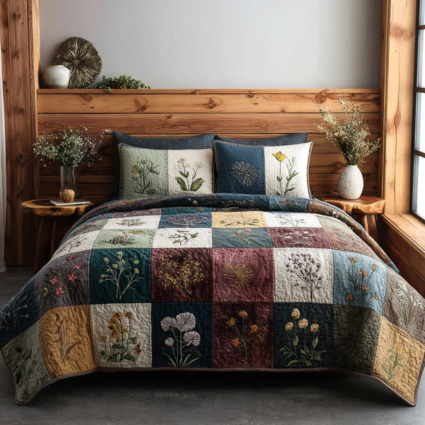 Cottage Herbarium quilted 3-piece bedding set on a made bed in a farmhouse bedroom