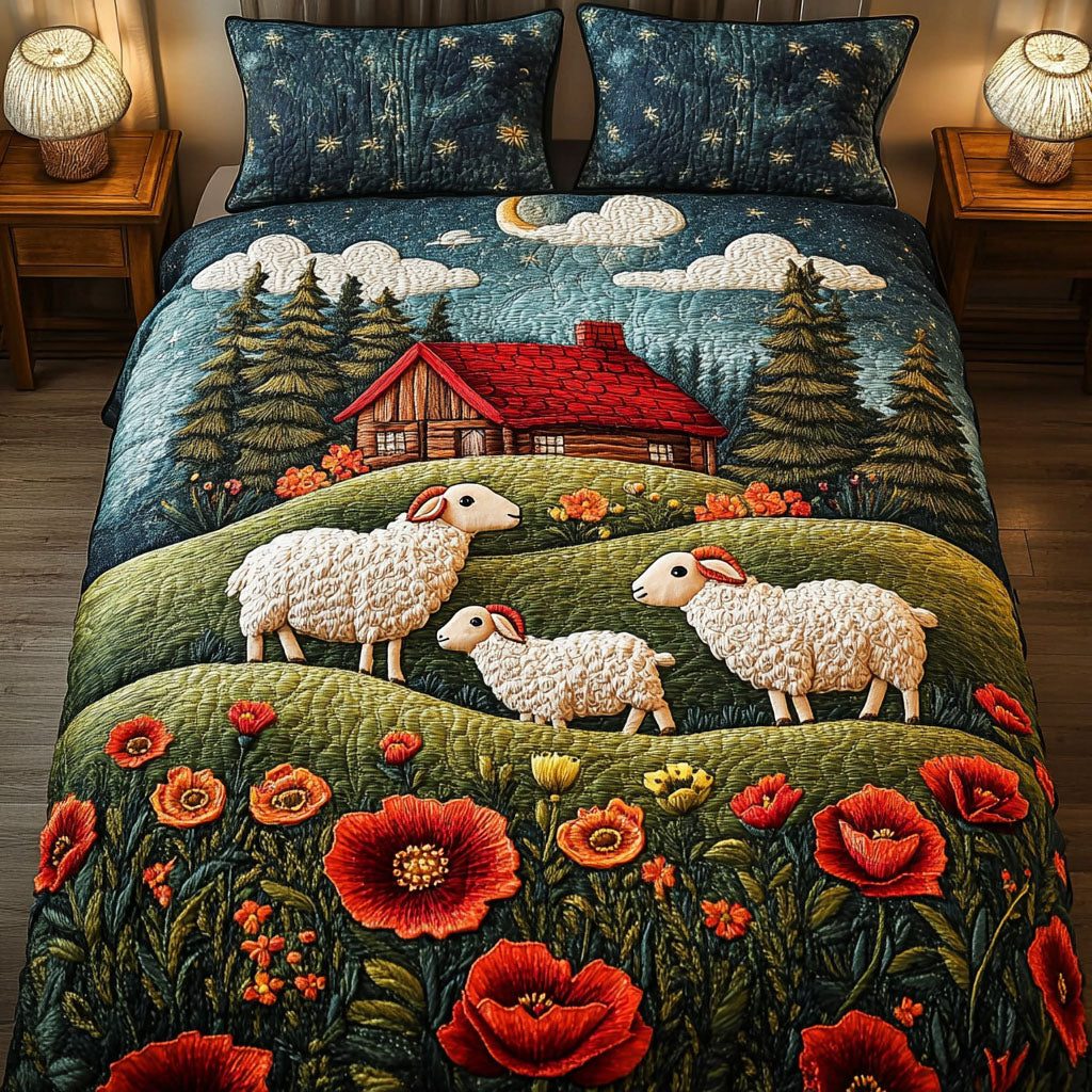 Cottage Night Sheep quilted 3-piece bedding set on a made bed in a farmhouse bedroom