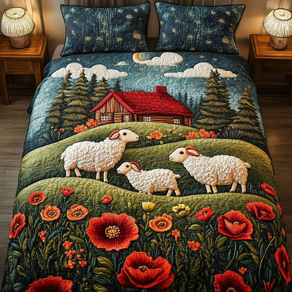 Cottage Night Sheep quilted 3-piece bedding set on a made bed in a farmhouse bedroom