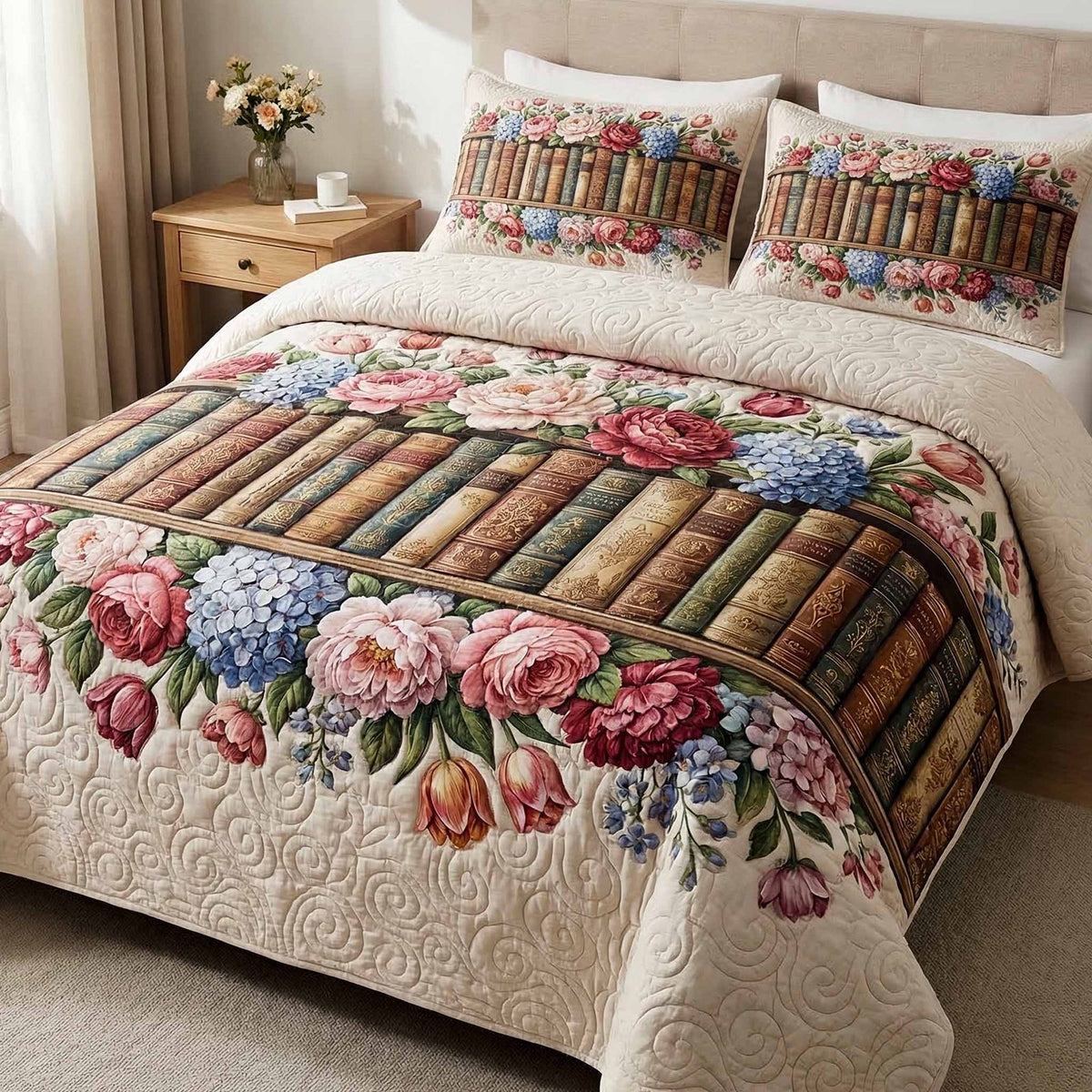 Cottage Novels quilted 3-piece bedding set on a made bed in a farmhouse bedroom