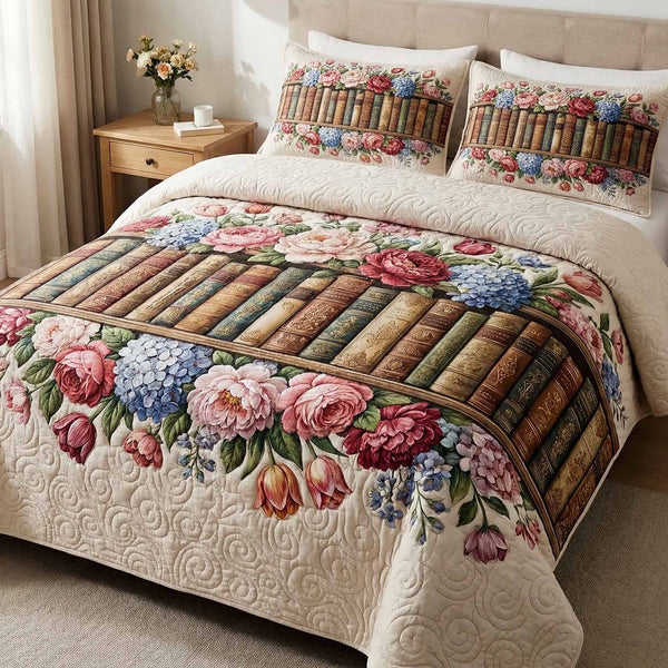Cottage Novels quilted 3-piece bedding set on a made bed in a farmhouse bedroom