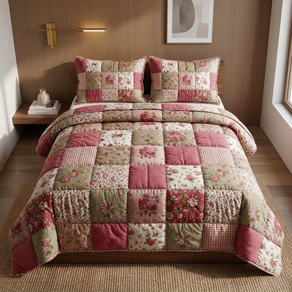 Cottage Patchwork quilted 3-piece bedding set on a made bed in a farmhouse bedroom