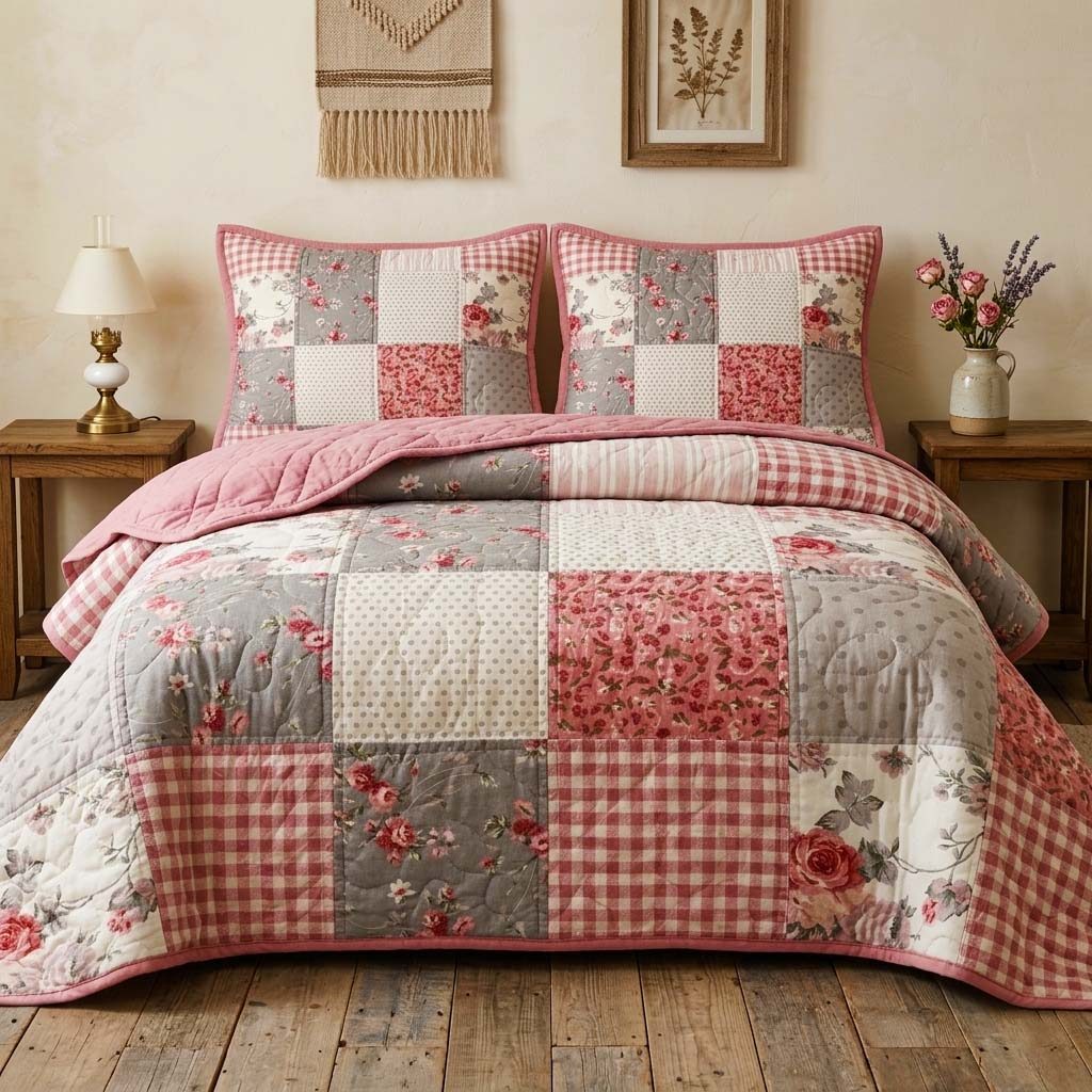 Cottage Patchwork quilted 3-piece bedding set on a made bed in a farmhouse bedroom