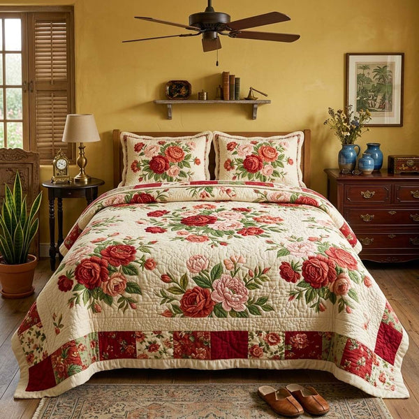Cottage Rose quilted 3-piece bedding set on a made bed in a farmhouse bedroom