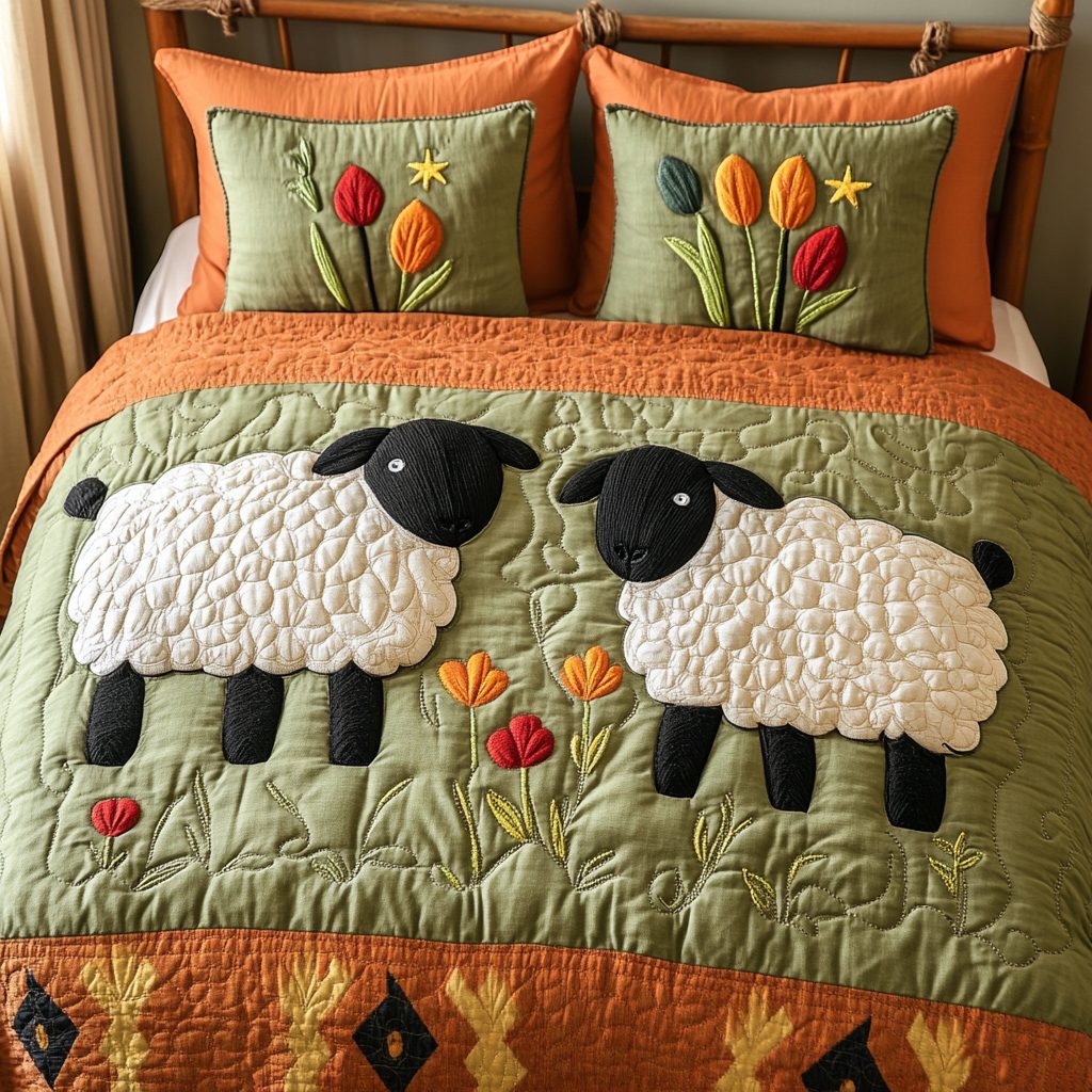 Cottage Sheep quilted 3-piece bedding set on a made bed in a farmhouse bedroom