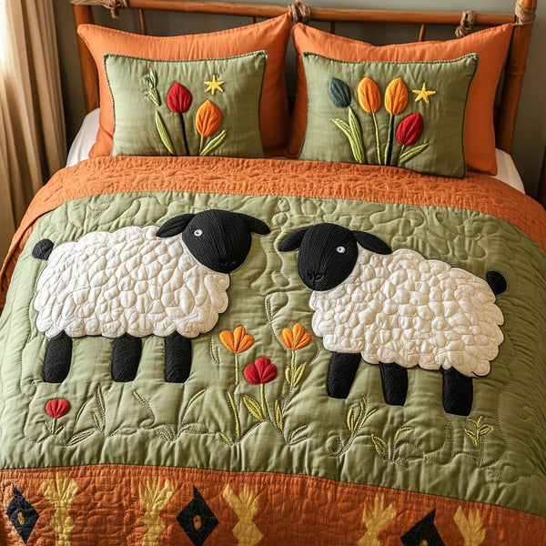Cottage Sheep quilted 3-piece bedding set on a made bed in a farmhouse bedroom