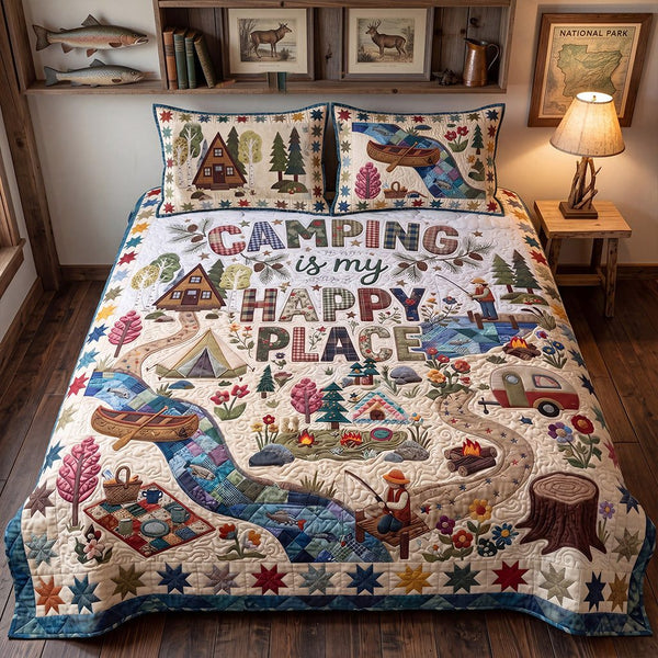 Cottagecore Camping Land quilted 3-piece bedding set on a made bed in a farmhouse bedroom