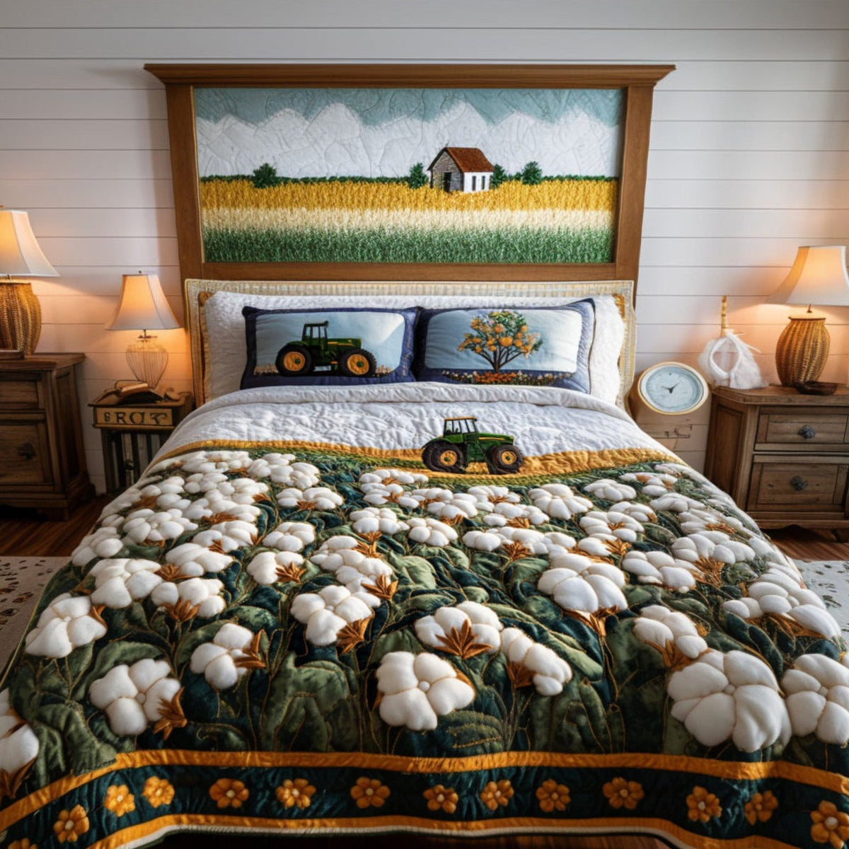 Cotton Pastures quilted 3-piece bedding set on a made bed with two matching pillow shams