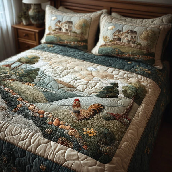 Countrry Rooster quilted 3-piece bedding set on a made bed with two matching pillow shams