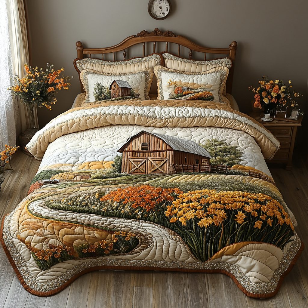 Country Acres quilted 3-piece bedding set on a made bed in a farmhouse bedroom