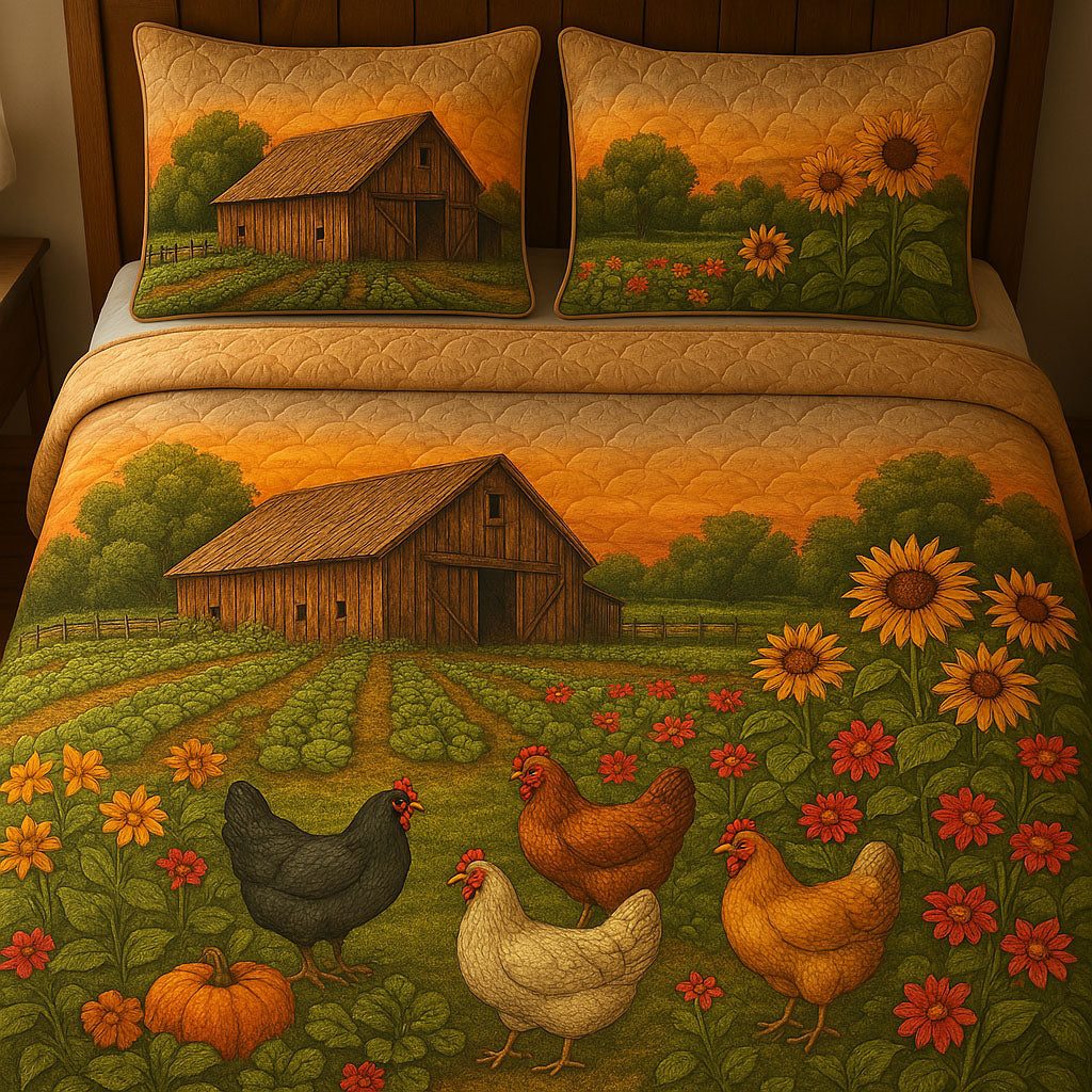 Country Acres quilted 3-piece bedding set on a made bed in a farmhouse bedroom