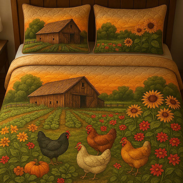 Country Acres quilted 3-piece bedding set on a made bed in a farmhouse bedroom