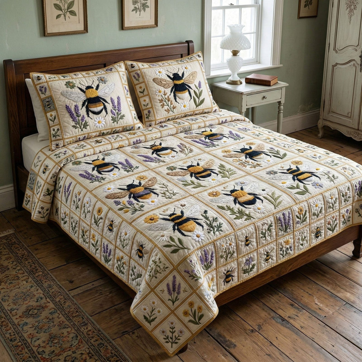 Country Bee quilted 3-piece bedding set on a made bed in a farmhouse bedroom