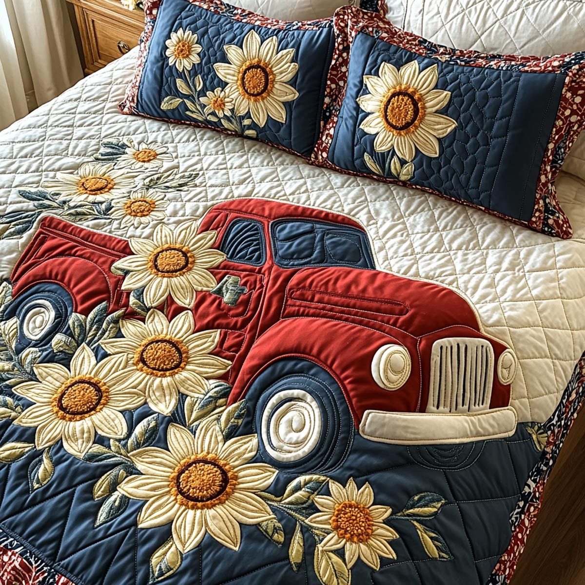 Country Bloom quilted 3-piece bedding set on a made bed in a farmhouse bedroom