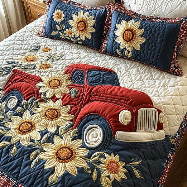 Country Bloom quilted 3-piece bedding set on a made bed in a farmhouse bedroom
