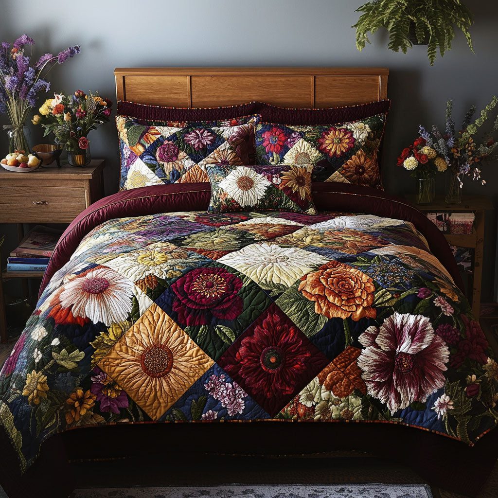 Country Bloom quilted 3-piece bedding set on a made bed in a farmhouse bedroom