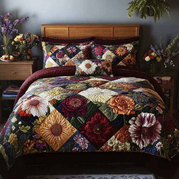Country Bloom quilted 3-piece bedding set on a made bed in a farmhouse bedroom