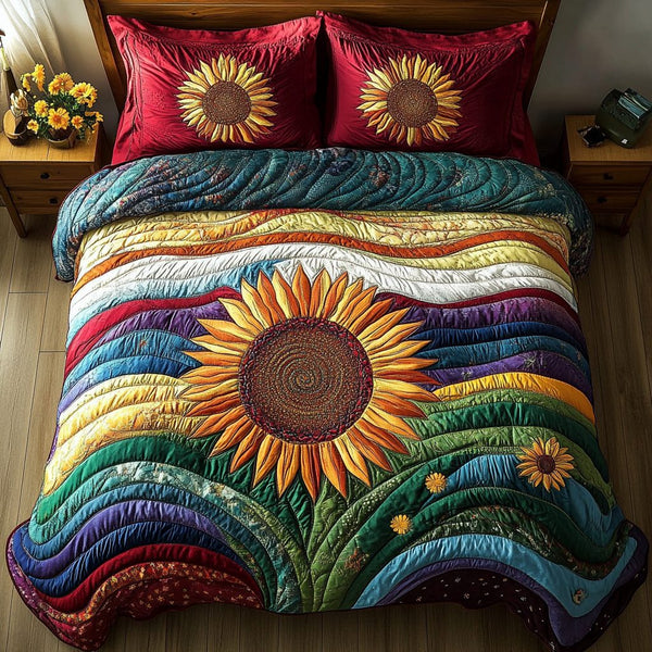 Country Bloom quilted 3-piece bedding set on a made bed in a farmhouse bedroom
