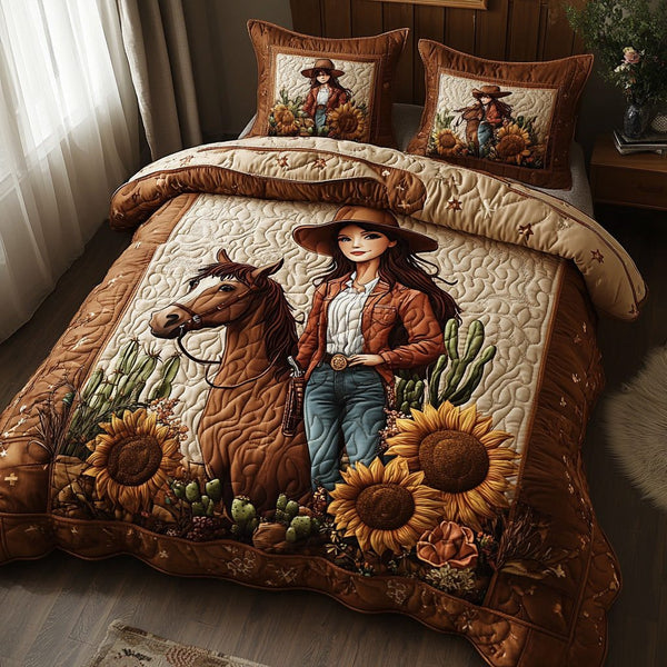 Country Blossom quilted 3-piece bedding set on a made bed in a farmhouse bedroom