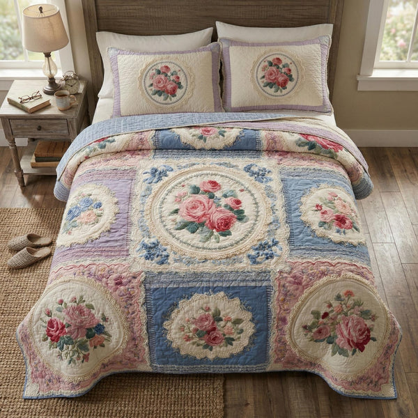 Country Blossoms quilted 3-piece bedding set on a made bed in a farmhouse bedroom