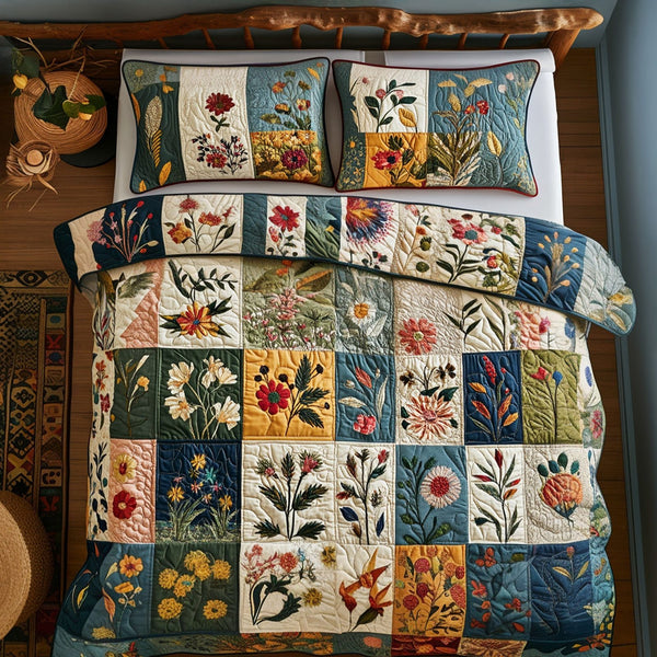 Country Bouquet quilted 3-piece bedding set on a made bed in a farmhouse bedroom