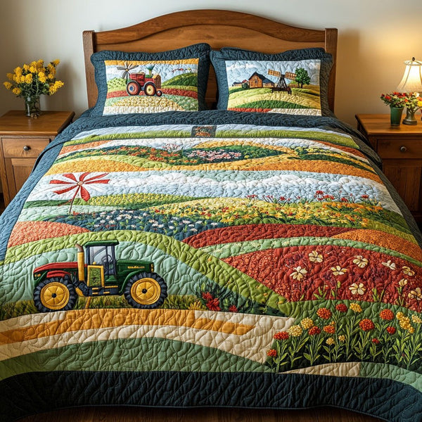 Country Breeze quilted 3-piece bedding set on a made bed in a farmhouse bedroom