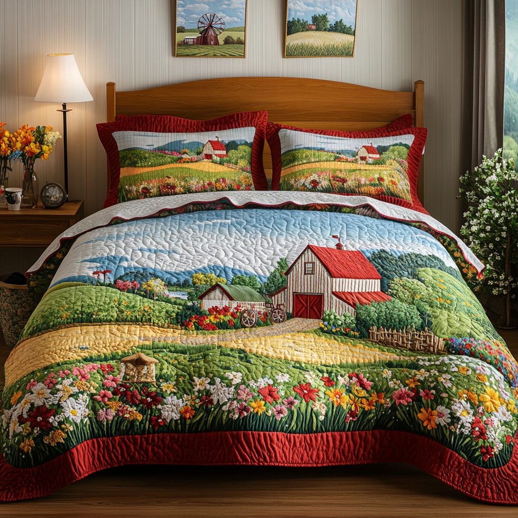 Country Breeze quilted 3-piece bedding set on a made bed in a farmhouse bedroom