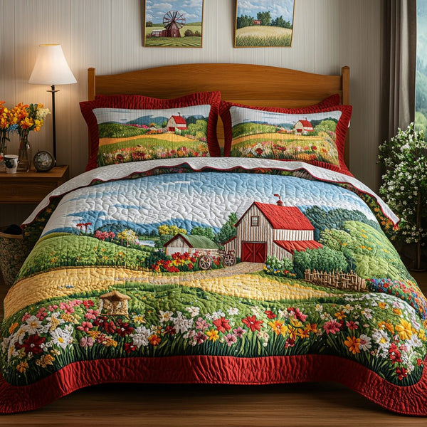 Country Breeze quilted 3-piece bedding set on a made bed in a farmhouse bedroom