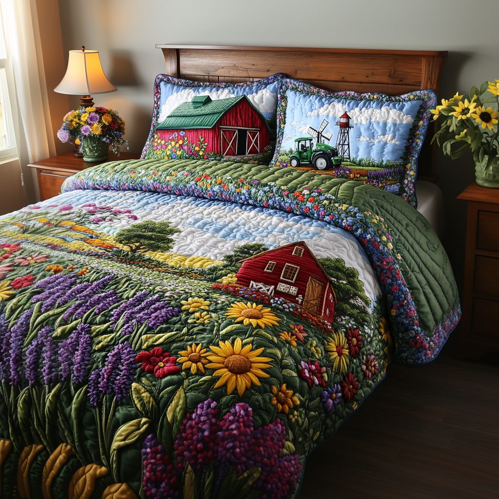 Country Breeze quilted 3-piece bedding set on a made bed in a farmhouse bedroom