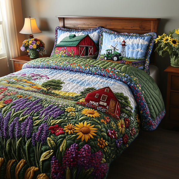 Country Breeze quilted 3-piece bedding set on a made bed in a farmhouse bedroom